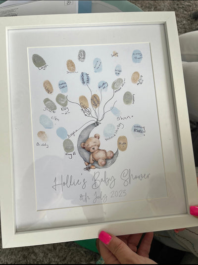 Personalised Baby Boy Girl Any Colour Wording Bear Baby Shower Finger Print Decor Print-0