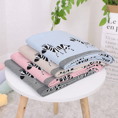 Kids Cartoon Animal Embroidery & Striped Pattern Pure Cotton Blanket-0
